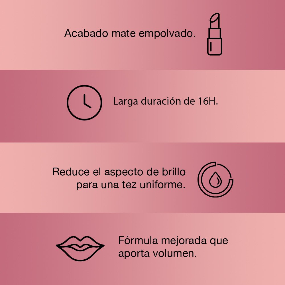 Acabado mate empolvado, larga duración de 16 horas, reduce el impacto de brillo para una tez uniforme. Fórmula mejorada que aporta volumen. Colombia.